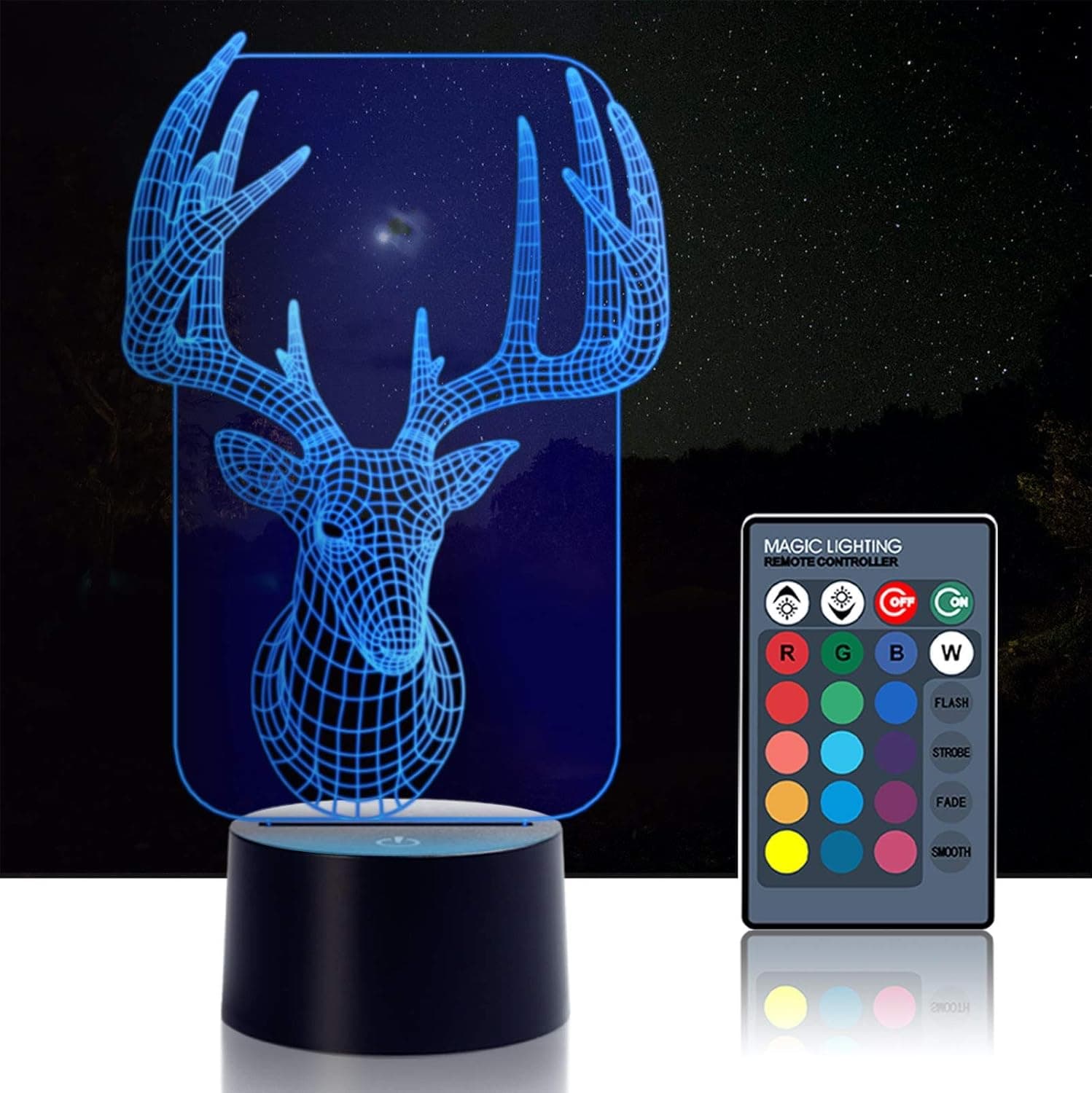 Elk Deer 3D Optical Illusion Night Lights, 7 Color Variations, Smart Touch Button USB and Battery Power, Amazing Creative Art Design for Children's 3192, Acrylic