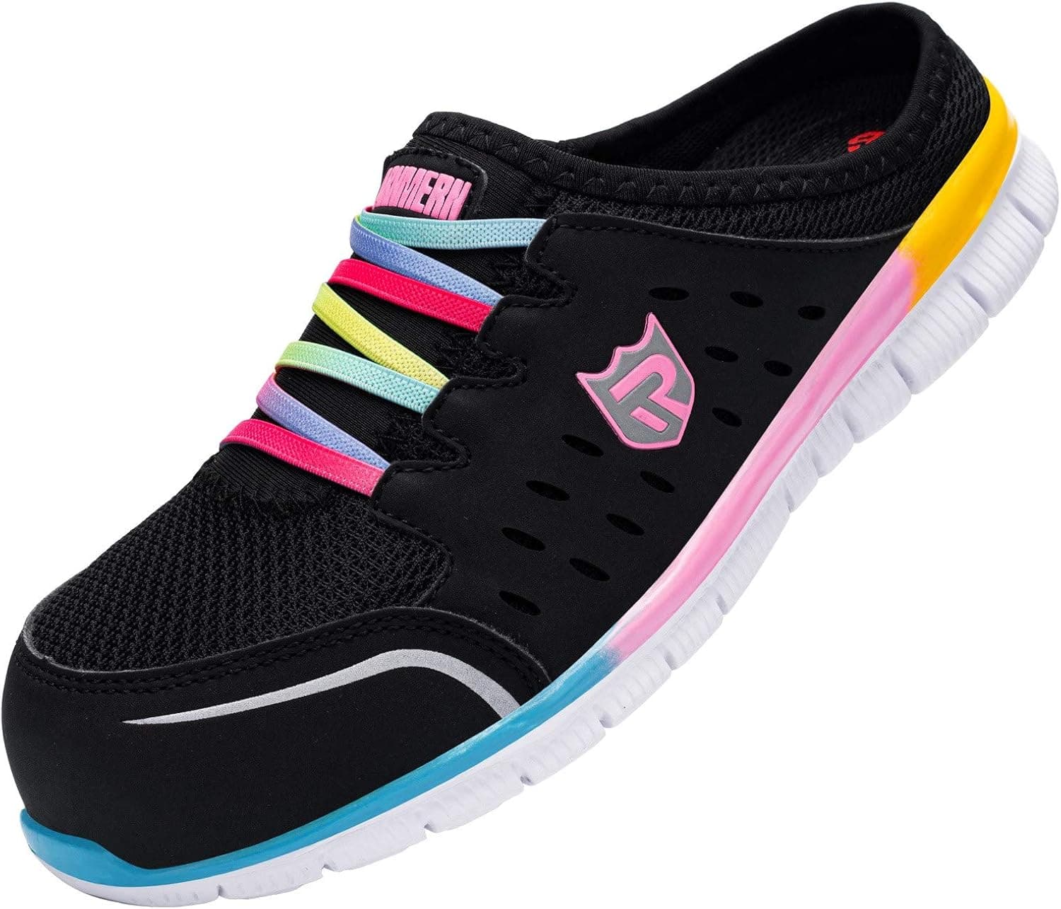 LARNMERN Steel Toe Mule Sneaker Women No Limits Slip-On Shoes L9129(8.5 Women, Black Rainbow)