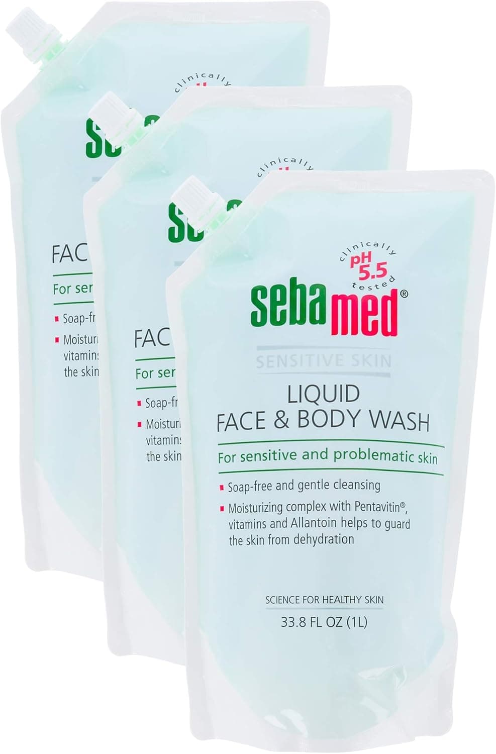 SEBAMED Liquid Face & Body Wash 1 Liter Refill Bag for Sensitive and Delicate Skin pH 5.5 Ultra Mild Dermatologist Recommended Cleanser (33.8 Fluid Ounces Environmental Friendly Pouch) Pack of 3