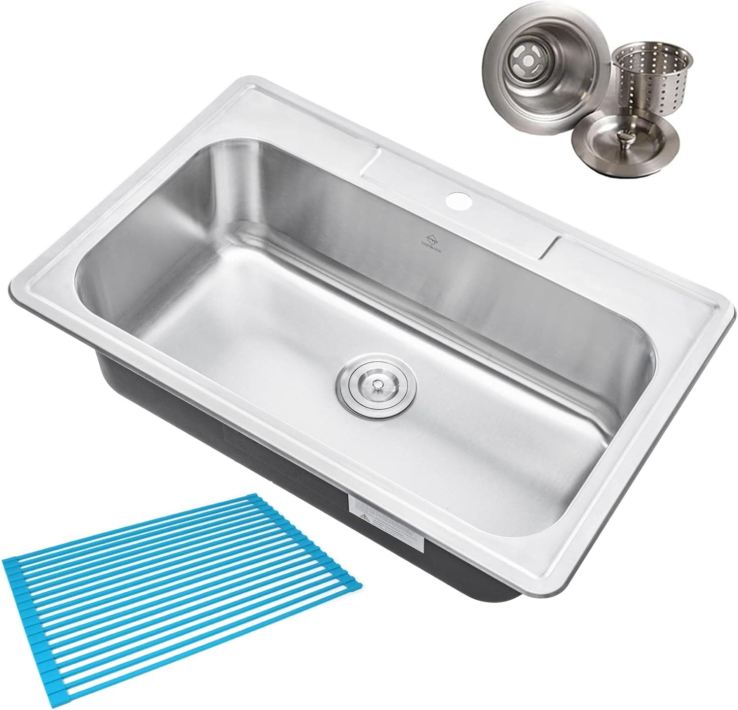 CozyBlock 33 x 22 x 9 Inch Top-mount/Drop-in Stainless Steel Single Bowl Kitchen Sink with Strainer and Silicon Dishrack - 18 Gauge Stainless Steel-1 Faucet Hole
