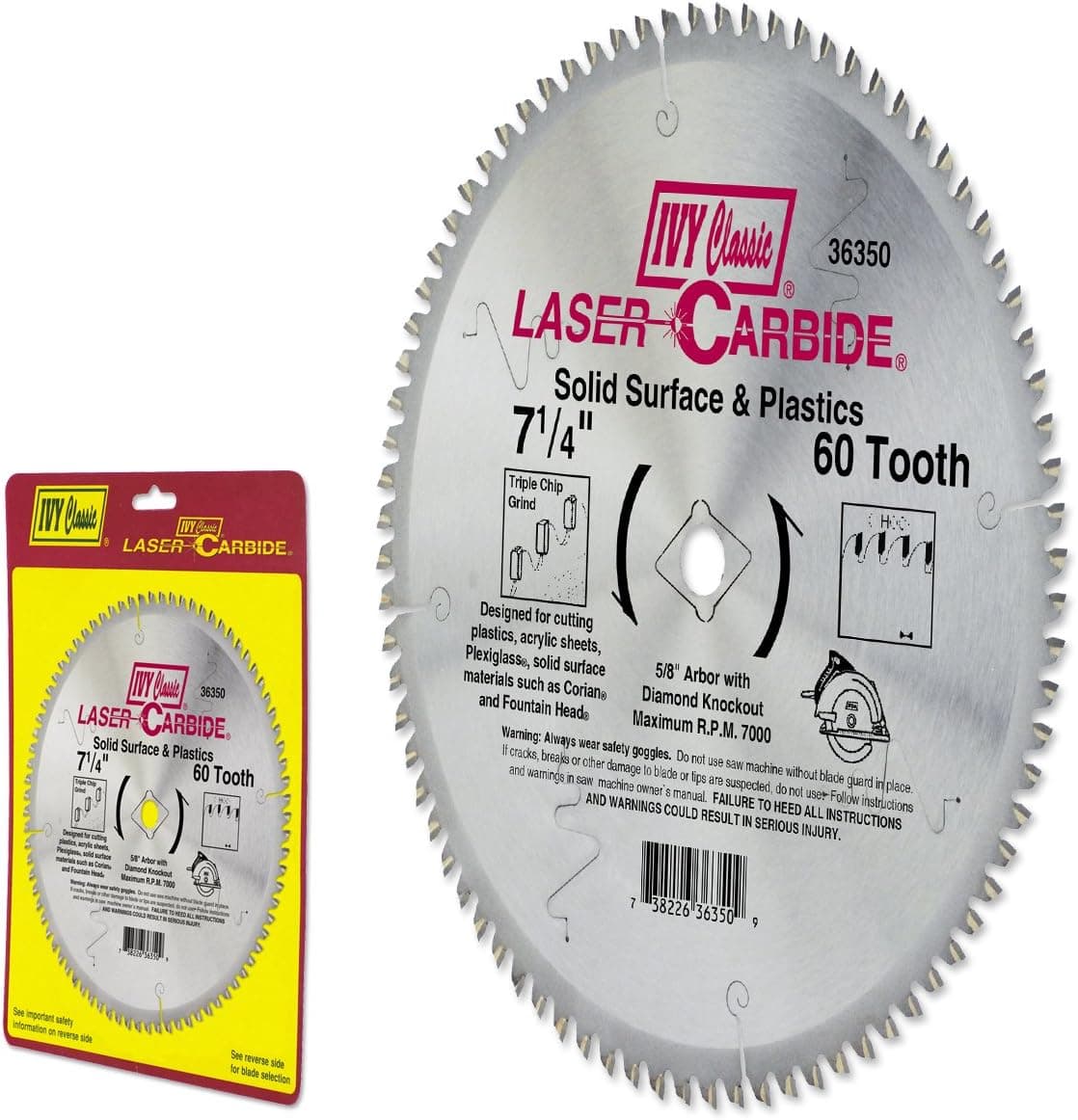 IVY Classic 36350 Laser Carbide 7-1/4-Inch 60 Tooth Solid Surface and Plastic Cutting Circular Saw Blade with 5/8-Inch Diamond Knockout Arbor, 1/Card