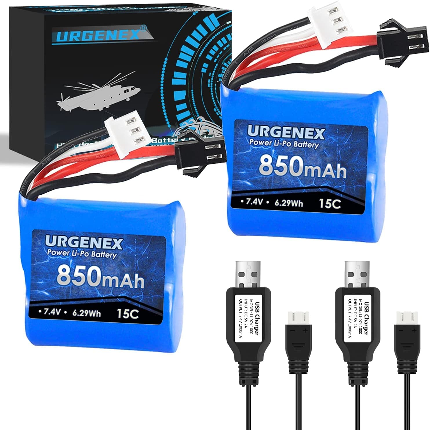 URGENEX 7.4V Lipo Battery 850mAh 2S RC Boat Battery with SM 2P Plug 6.29Wh H100 Batteries for Skytech H100 H102 with 2PCS USB Charger