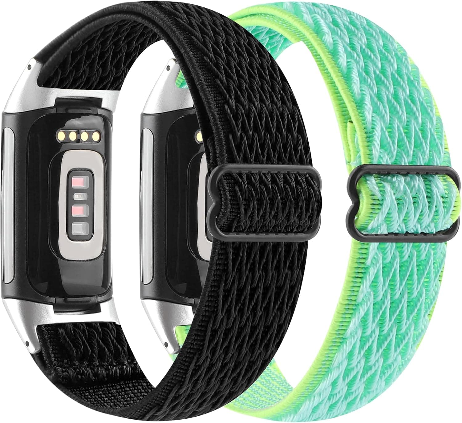 【2Pack】 Elastic Watch Band Compatible with Fitbit Charge 5,Stretch Woven Soft Nylon Sport Breathable Wristband Replacement Women Men for Fitbit Charge（Black-Green）