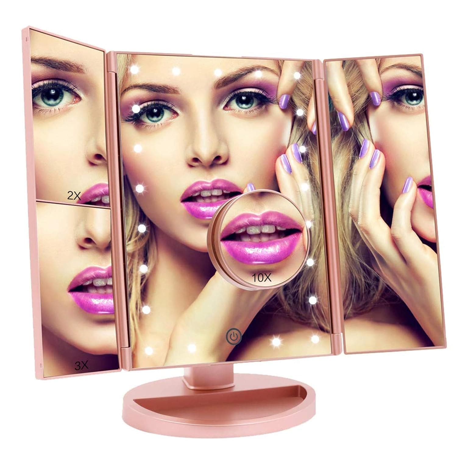 ASCINATE Lighted Mirror with Lights Makeup Mirror Touch Screen Dimming, Tri-Fold Mirror 3X/2X/1X Magnification 180 Degree Rotation Desk Tabletop Vanity Makeup Mirror Portable (Rose Gold)