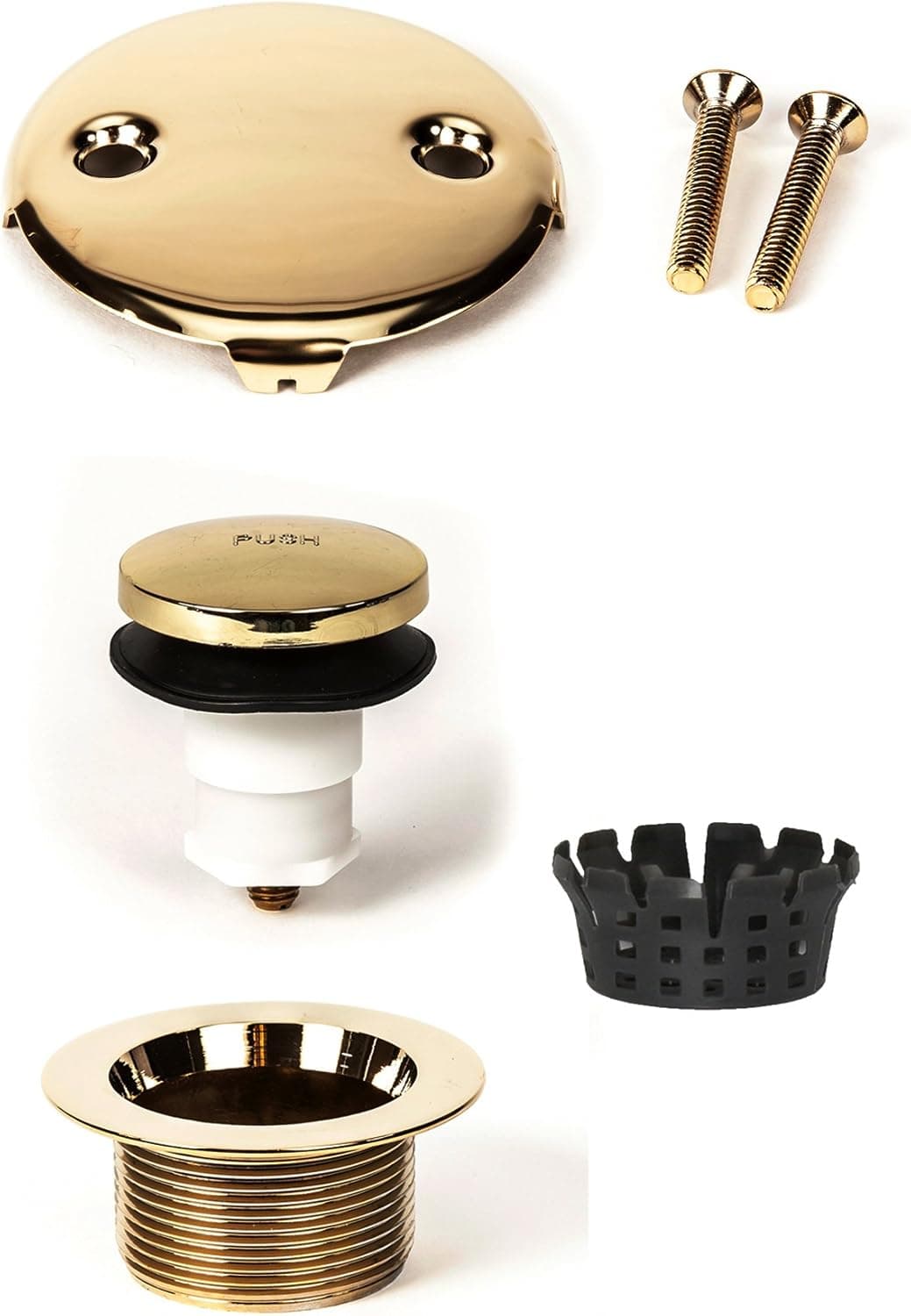 PF WaterWorks PF0971-PB Toe Touch (Tip Toe or Foot Act.) Bath Tub Drain Assly (Coarse Drain 11.5 TPI + Stopper + Two (2) Hole Face Plate - FREE Hair Catcher/Strainer - Eliminate Clogs Polished Brass