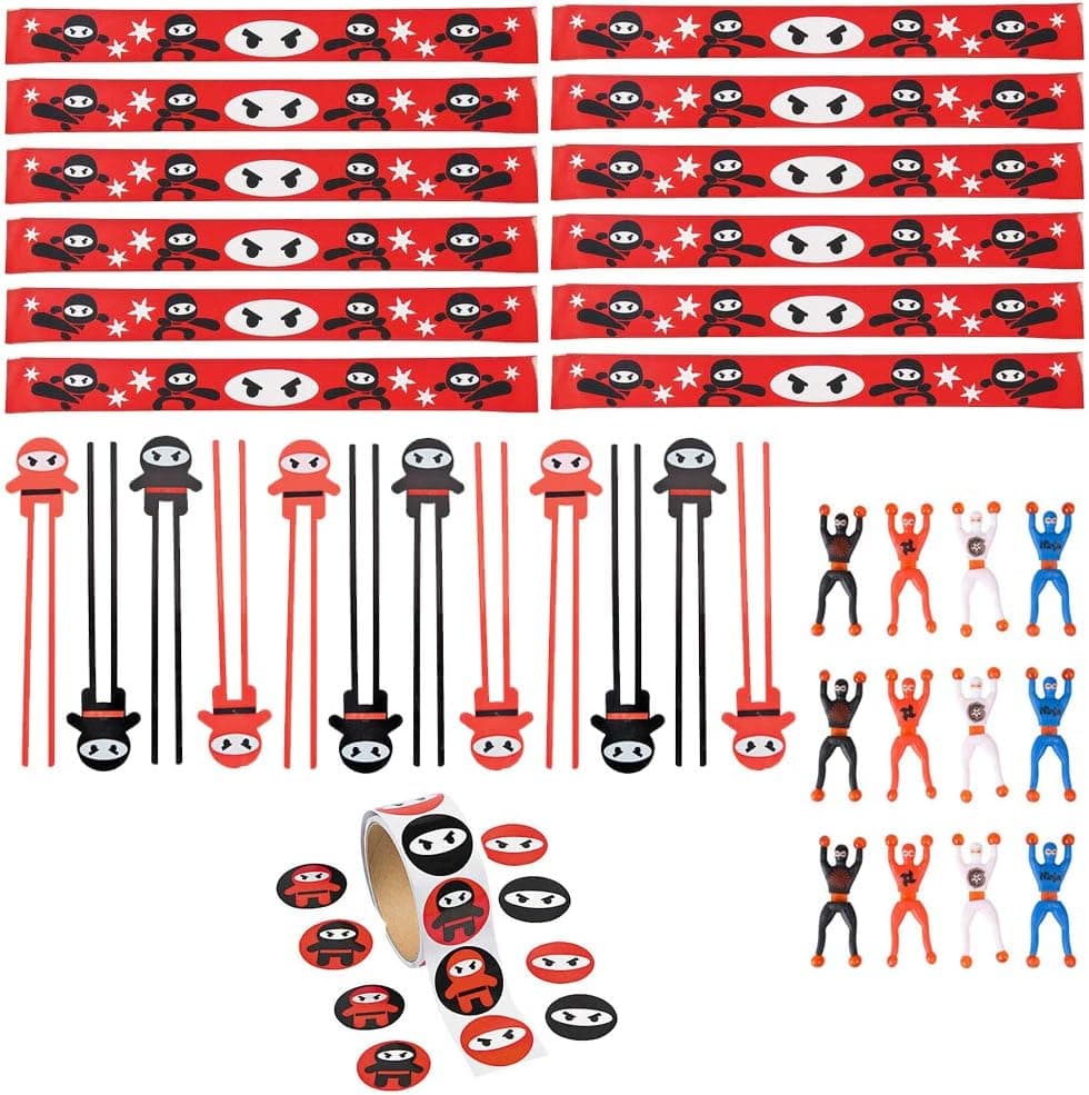 48 PC Ninja Party Pack Ninja Party Favors - Chop Sticks, Slap Bracelets, Stickers, Wall Climbers