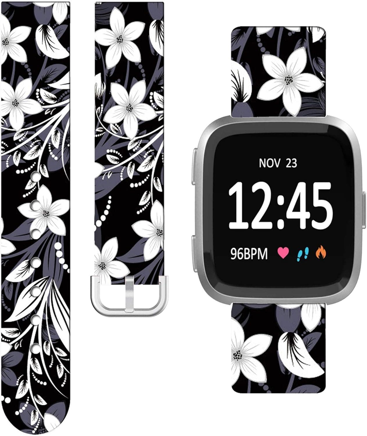 ENDIY Versa 2 SE Bands Silicone Gel Replacement Soft Strap Compatible with Fitbit Versa/Versa 2/Versa lite/Versa 2 SE Large - Black Floral Flower Art Elegant Beautiful