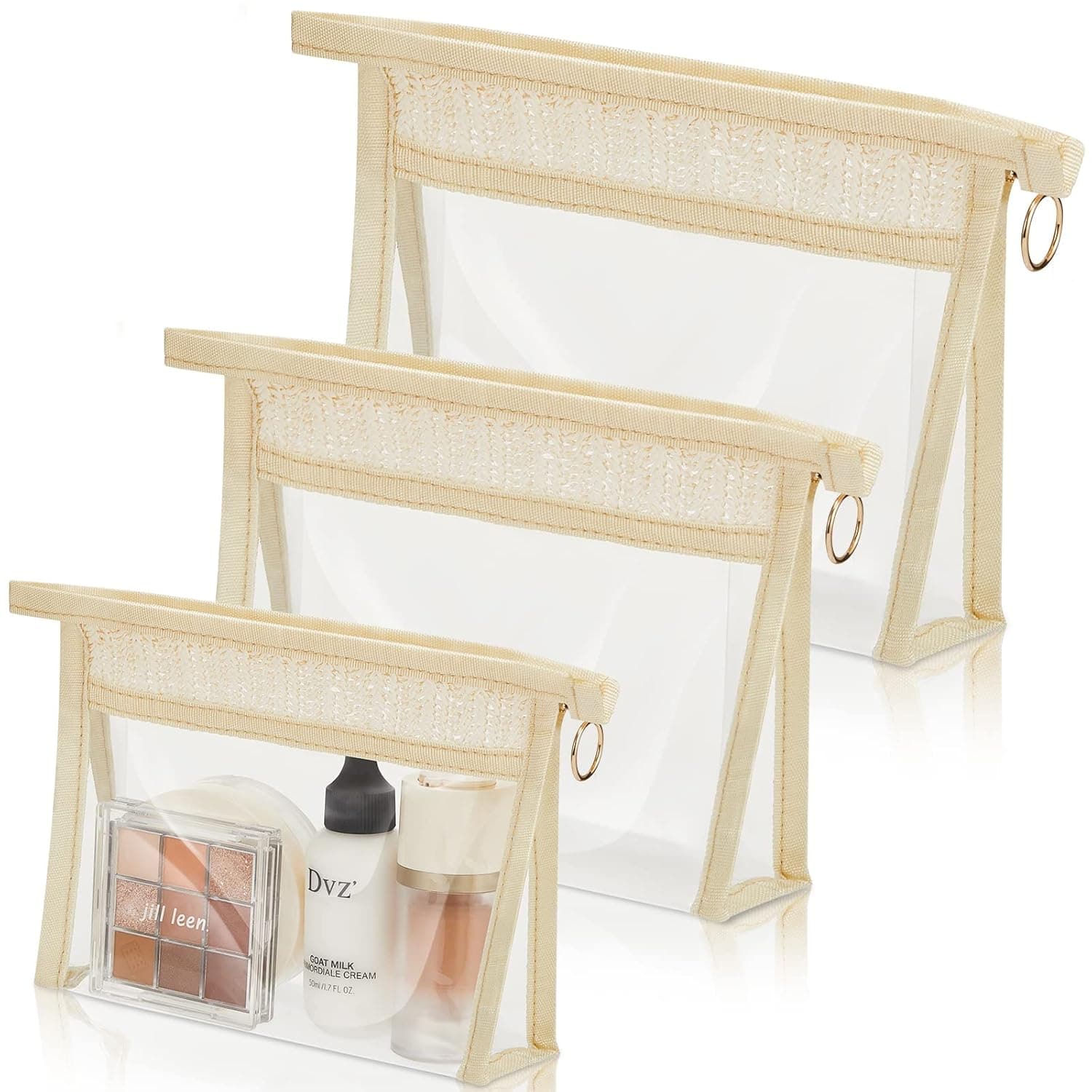 3 Pcs Clear Makeup Bag with Zipper Toiletry Bag for Women Clear Cosmetic Bag TPU Clear Makeup Pouch Cute Plastic Travel Pouch for Airport Airline Traveling Vacation Storage Organization, Beige, 3 Size