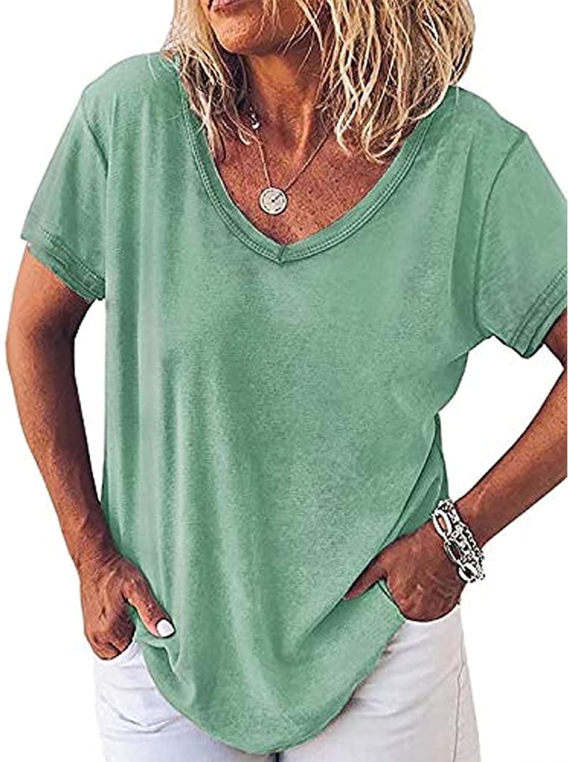 Womens Short Sleeve V Neck T Shirt Summer Side Slit Pocket Casual Loose Swing Solid Basic Tee Top