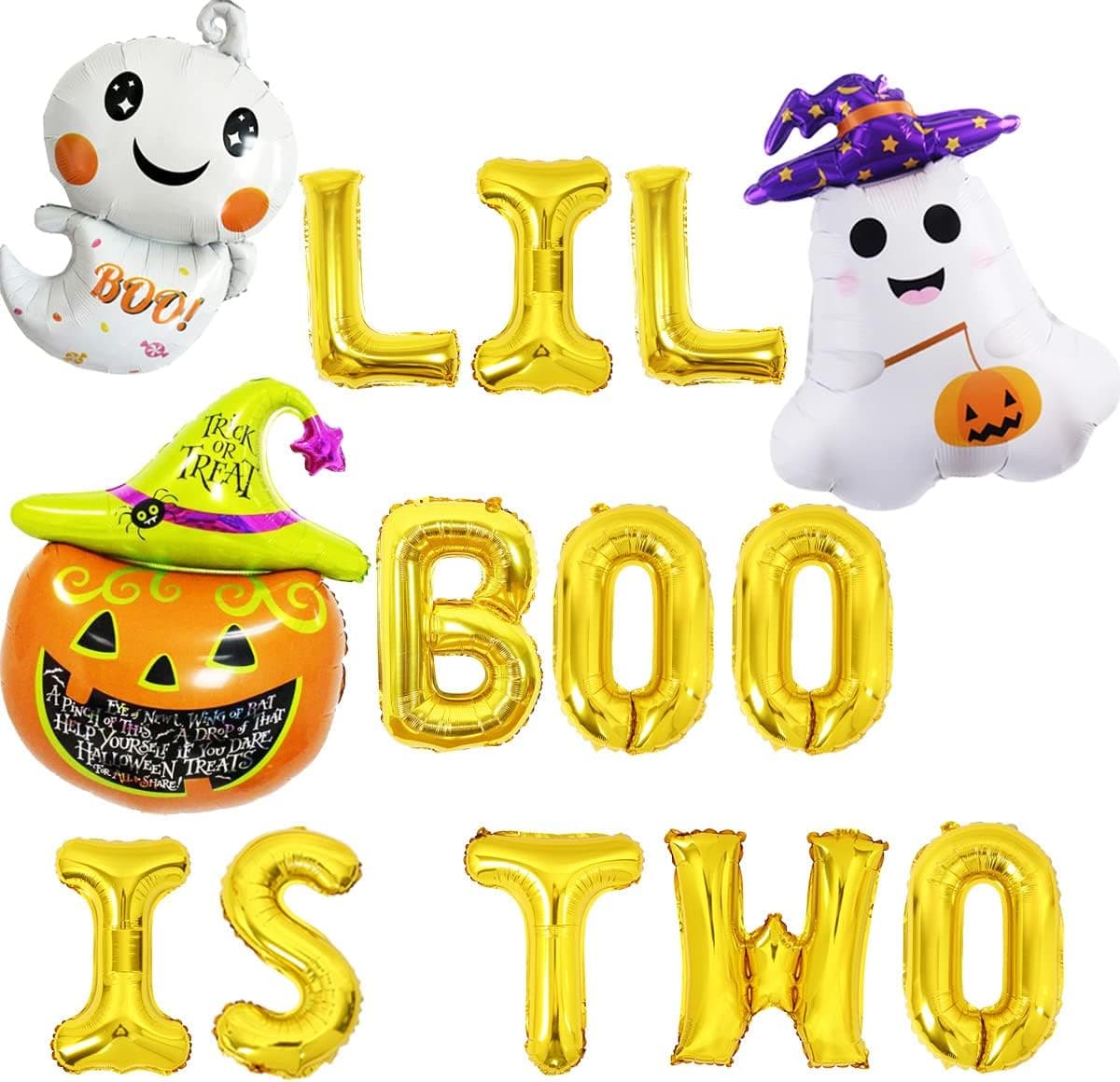 Halloween Themed 2nd Birthday Party Decorations Gold Lil Boo is Two Banner Foil Balloon Boo Im Two Decor Birthday for Boys Girls Death Day Decorations with White Ghost Pumpkin Foil Balloon