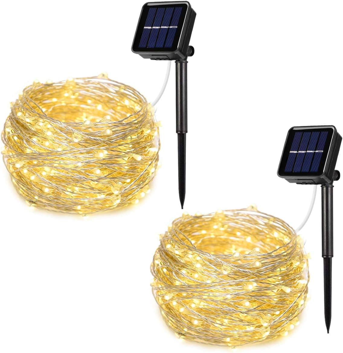 AOYOO Solar Powered String Lights, 100 LED Copper Wire Lights, 8 Modes Starry Lights, Waterproof IP65 Fairy Lights for Outdoor, Wedding, Homes, Party (Warm White)(2 Pack)
