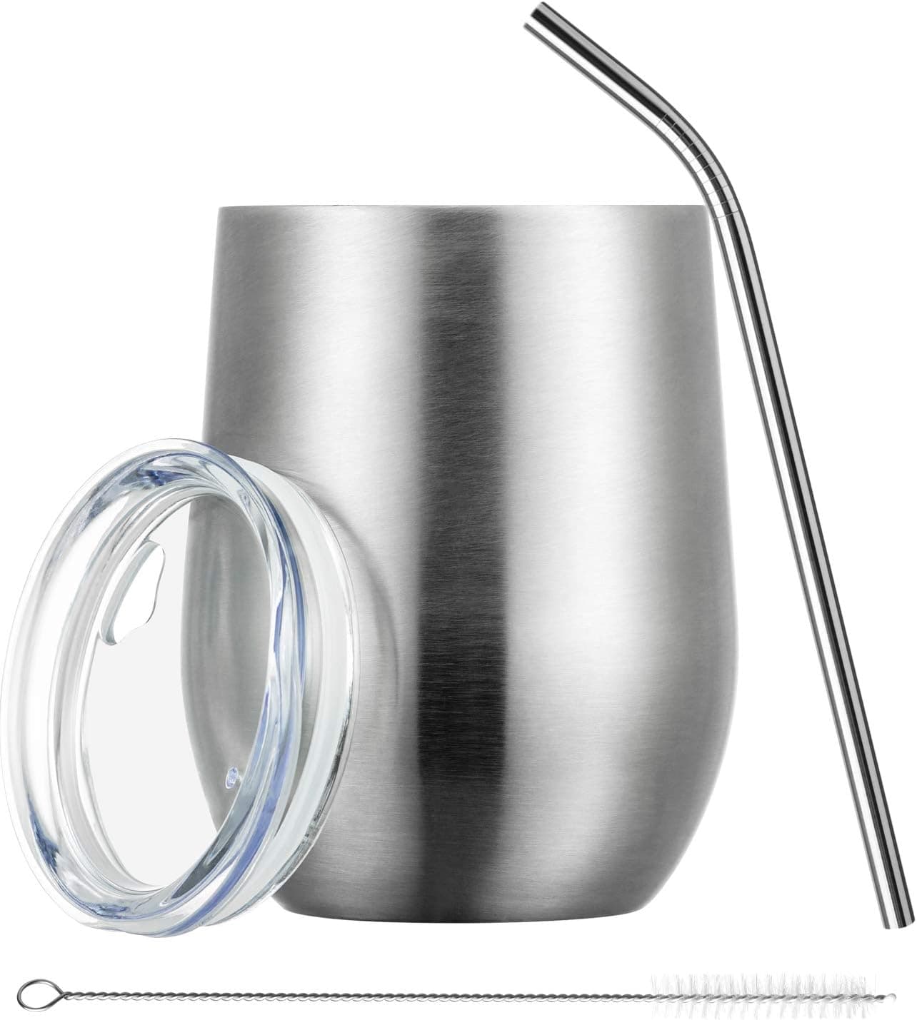 TUMZAK 12oz Insulated Wine Tumbler with Straw, Stainless Steel Wine Tumbler with Lid, Double Wall Vacuum Stemless Wine Glasses for Cocktail, Champagne, Wine, Coffee( Silver, 1 Pack)