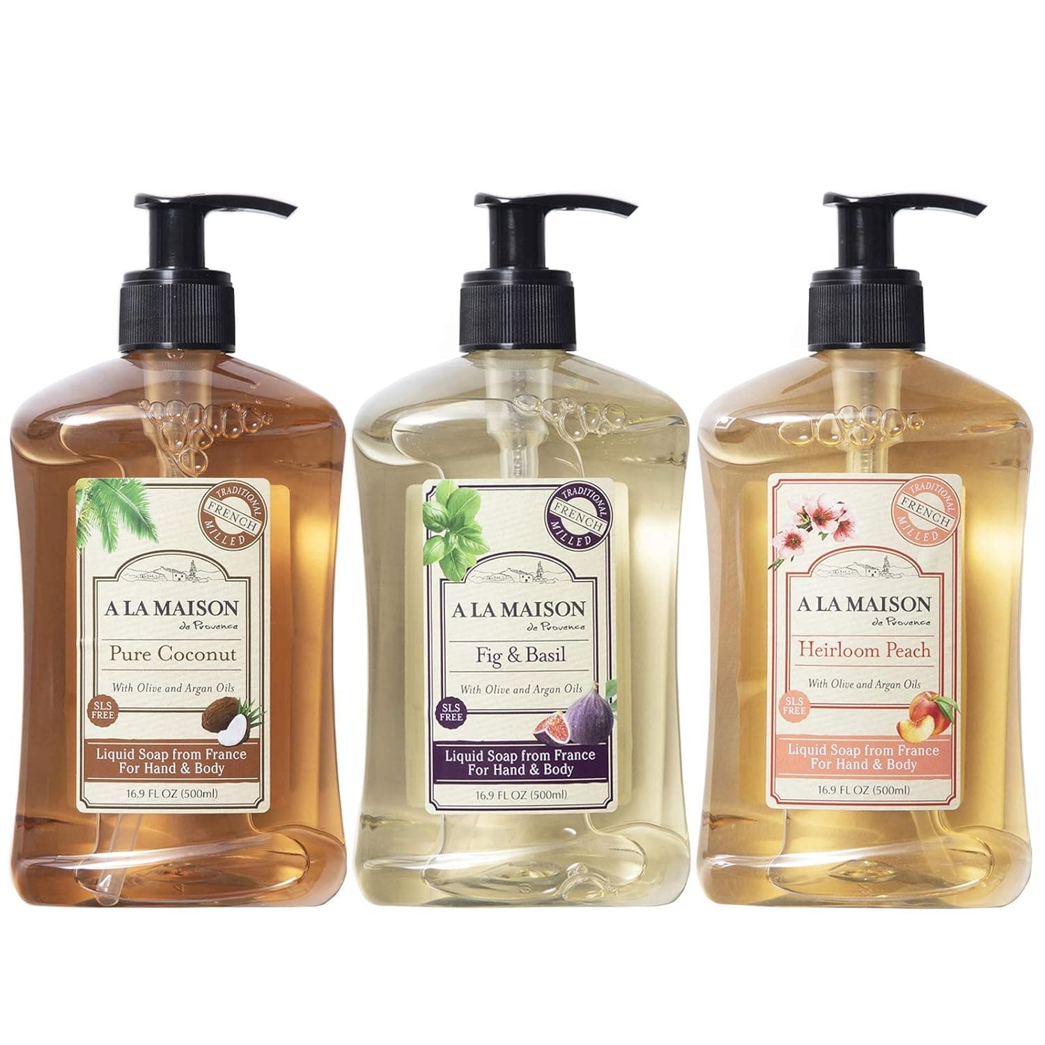 A LA MAISON de Provence Liquid Hand Soap | Fig & Basil, Heirloom Peach & Pure Coconut | French Milled Moisturizing Natural Hand Soap | in 16.9 oz. Pump Bottles
