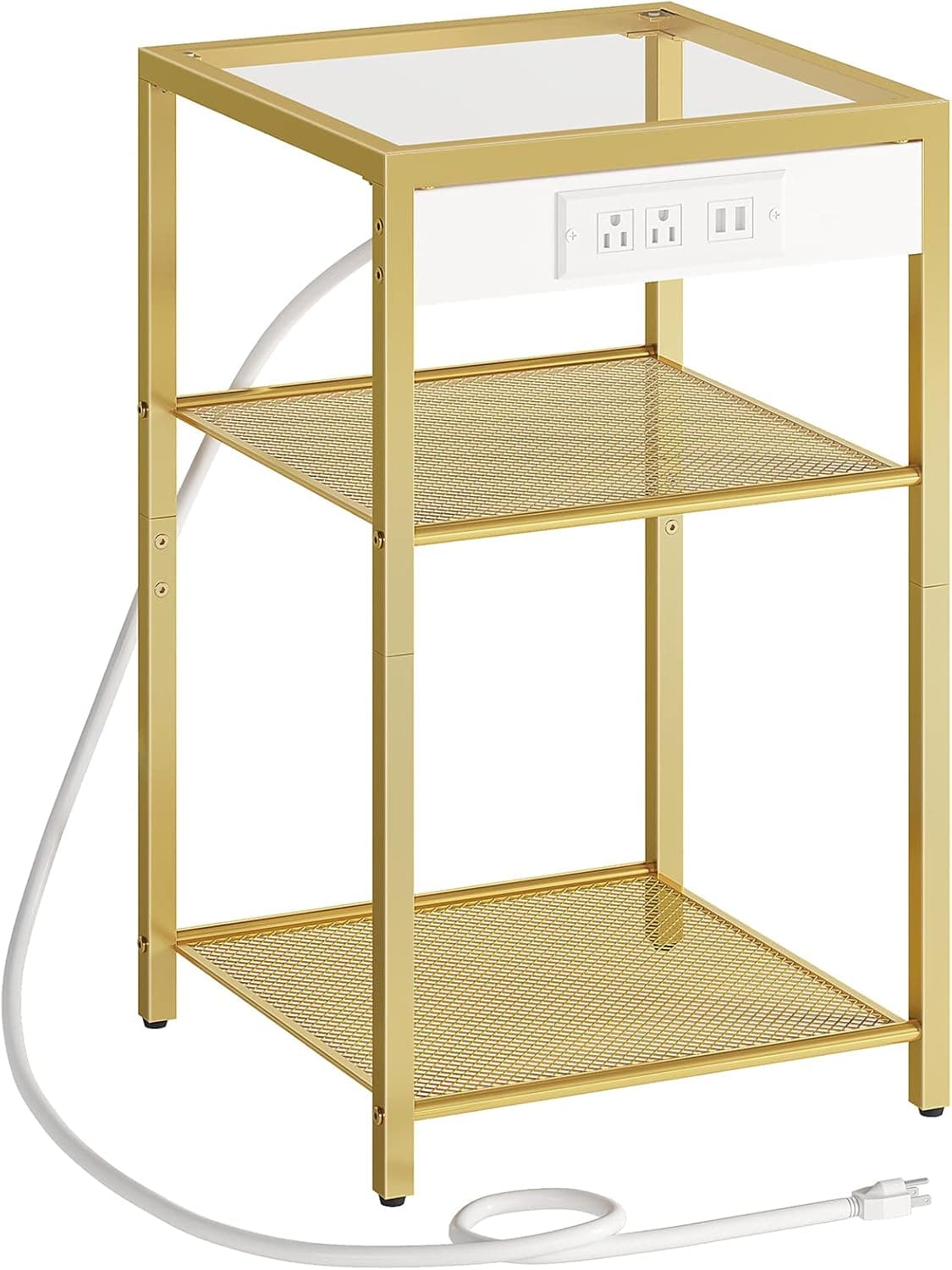 HOOBRO Side Table with Charging Station, 3-Tier Slim Nightstand with Storage Shelves, End Table with USB Ports & Power Outlets, Tempered Glass, Modern Style, for Living Room, Bedroom, Gold GD77UBZ01