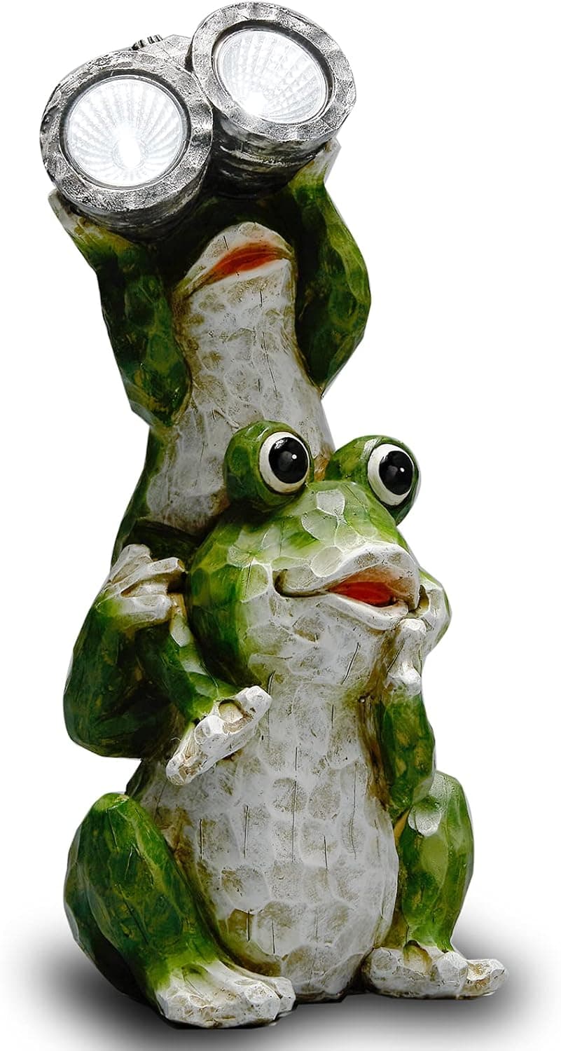 Yiosax Solar Powered Garden Statue, Cute Frog Animal Sculpture for Indoor Outdoor Decorations, Patio Yard Lawn Ornaments Gift(11.18inch Tall)