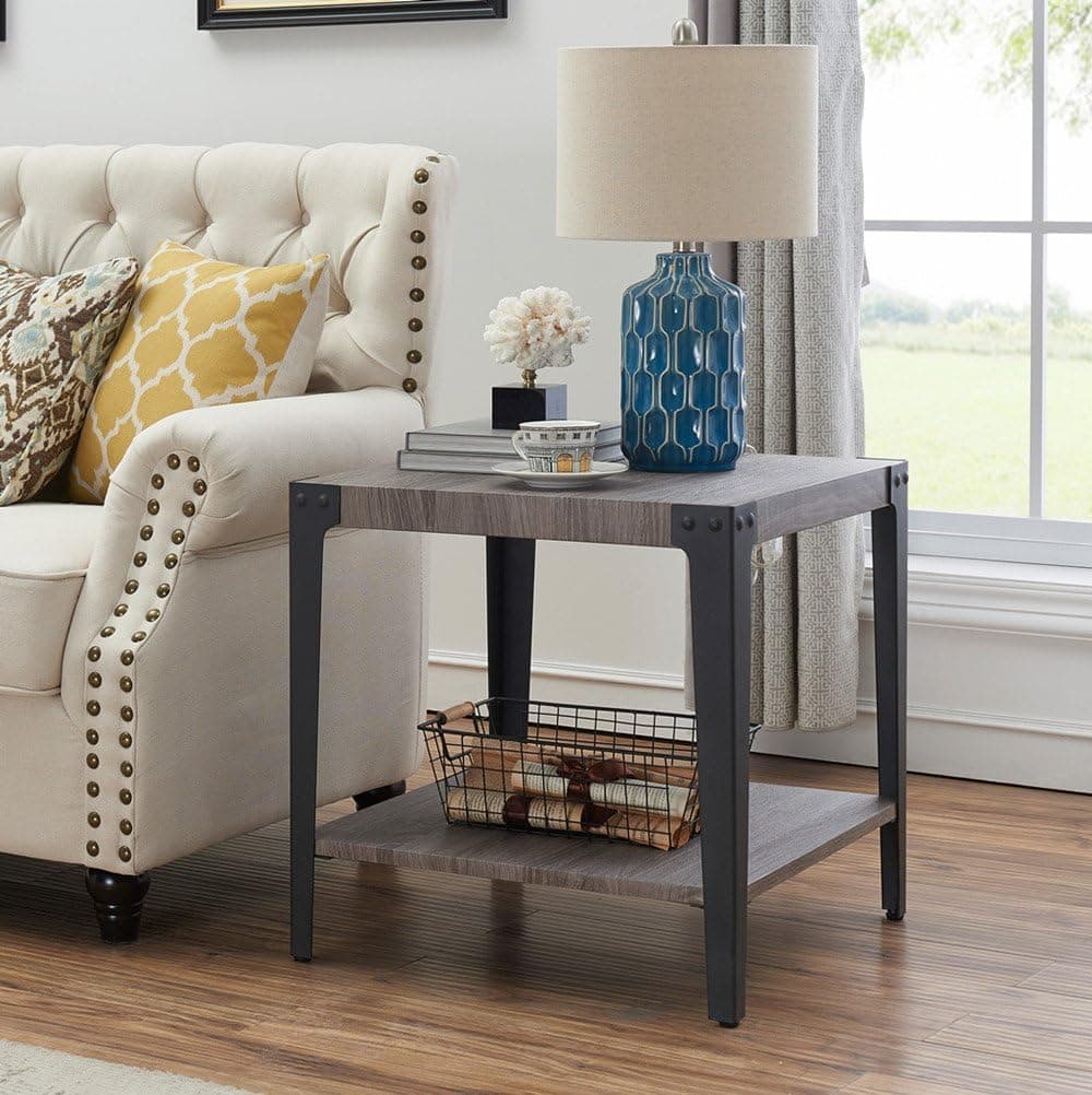O&K FURNITURE Industrial Accent End Table with Storage Shelf, Metal Night Stand for Living Room and Bedroom, Gray(1-Pcs) …