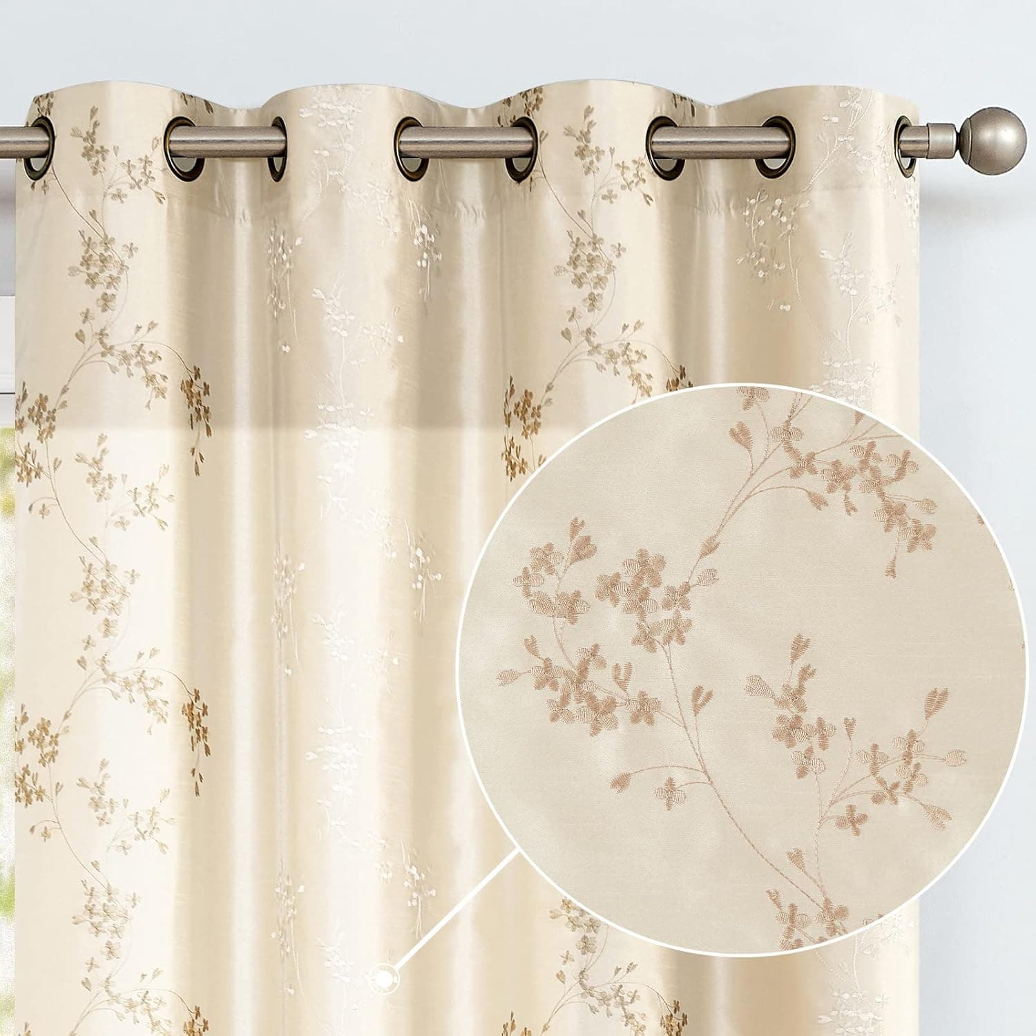 jinchan Lined Luxury Faux Silk Floral Embroidered Grommet Top Curtains for Bedroom 63 inches Long Embroidery Curtain for Living Room, 2 Panels, Light Golden