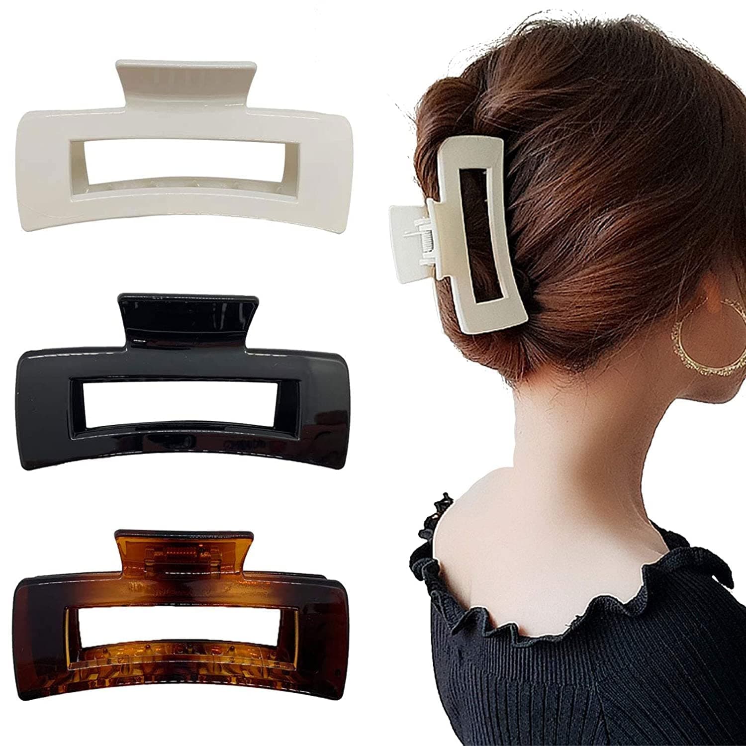 3 Pcs Big Hair Claw Clips, Hair Clip with Strong Fixing Force,Acrylic Plastic Large Hair Claw Clamps for Women and Girls Thin Hair, Strong Hold for Thick Hair (Rectangle Claw Clips)