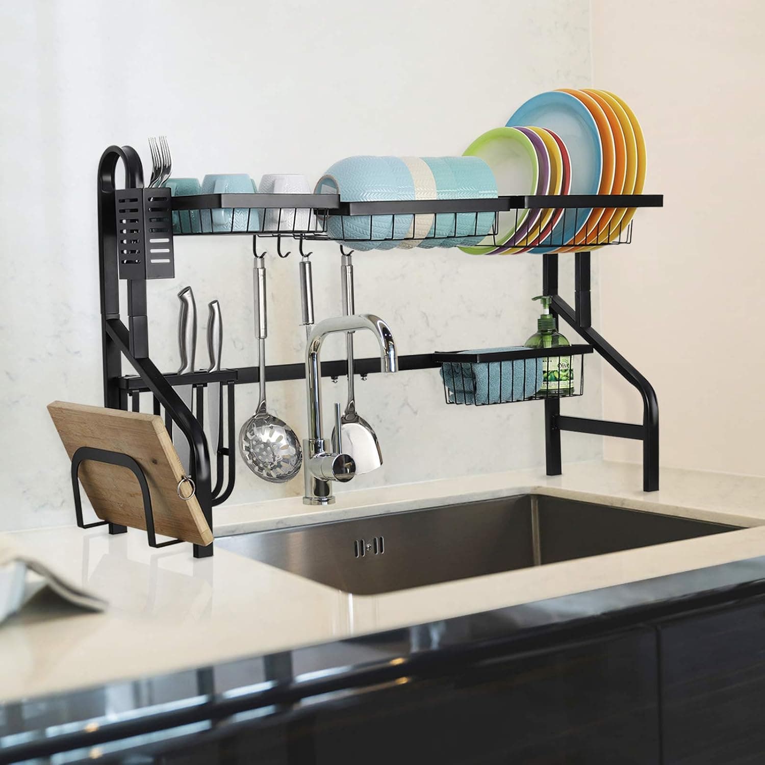 MOOACE Adjustable Dish Drying Rack Over The Sink (34.4”--44.5” Length), 2 Tier Expandable Large Dish Drainer Shelf, Removable Dish Display Holder, Black