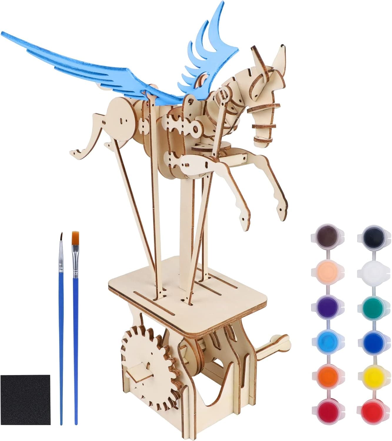 3D Wooden Puzzle with Watercolor Paint Set for Ages Over 14, DIY Assembly Mechanical Craft Kits Sculpture for Home Décor (3D Winged Horse Puzzle)