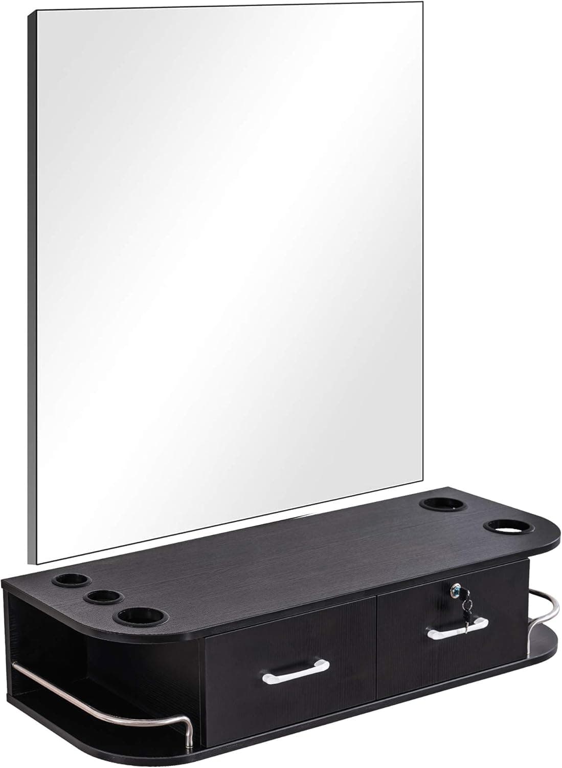 BarberPub Locking Wall Mount Styling Barber Station with Mirror Beauty Spa Salon Furniture,6154-5012-mirror (Black)