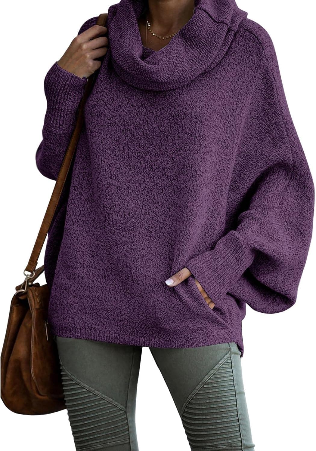 Womens Cowl Neck Pullover Sweaters with Pockets Lantern Long Sleeve Knit Casual Loose Bat Tunic Jumper Tops