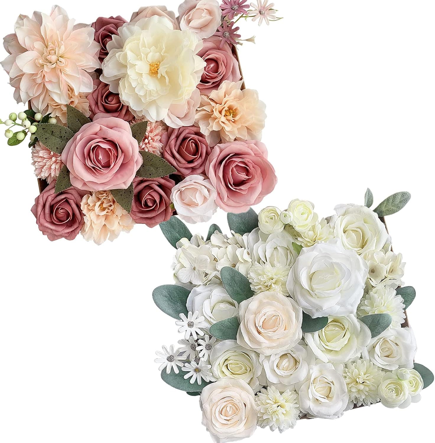 KOUEEYS Roses Artificial Flowers Pink White Bouquets Box Set for DIY