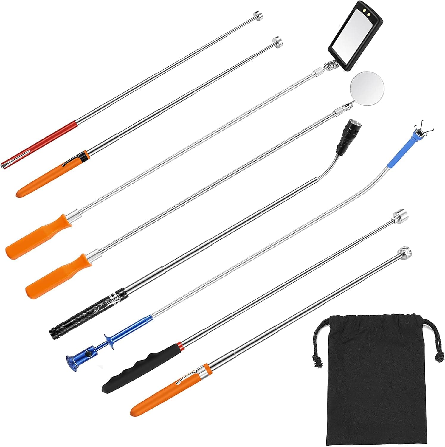 8PCS Magnetic Telescoping Pickup Tool,Flexible Magnet Stick Kit with Adjustable Inspection Mirror and Flexible LED Flashlight,Pick Up Rod,Magnet Pick Up Gadget Tool,Gift for Men,Father‘s Day
