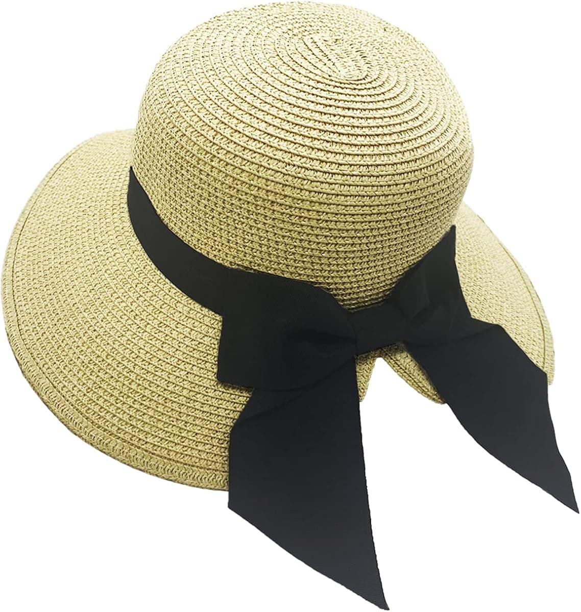 Sun Hat - Womens Straw Beach Summer Cap UPF50+ with 8 Pcs Hair Ring(Beige)