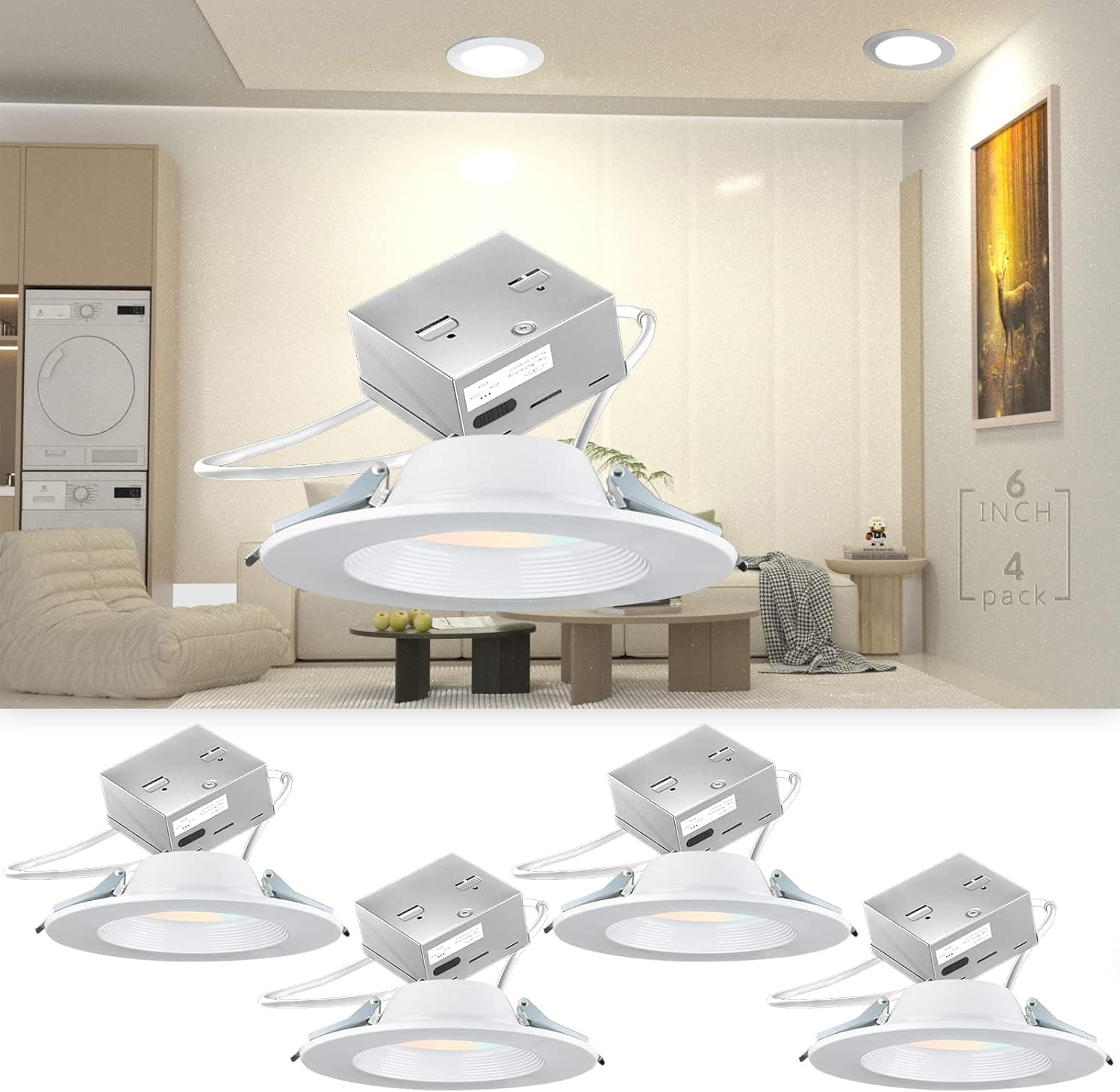 bulbeats LED Recessed Lighting 6 inch, Dimmable LED Can Light with 3000K/4000K/5000K Switchable, Can-Killer LED Downlight Light Fixtures CRI90 1200LM (110W Eqv.) Brightness-IC Rate (4Pack 03 Two)