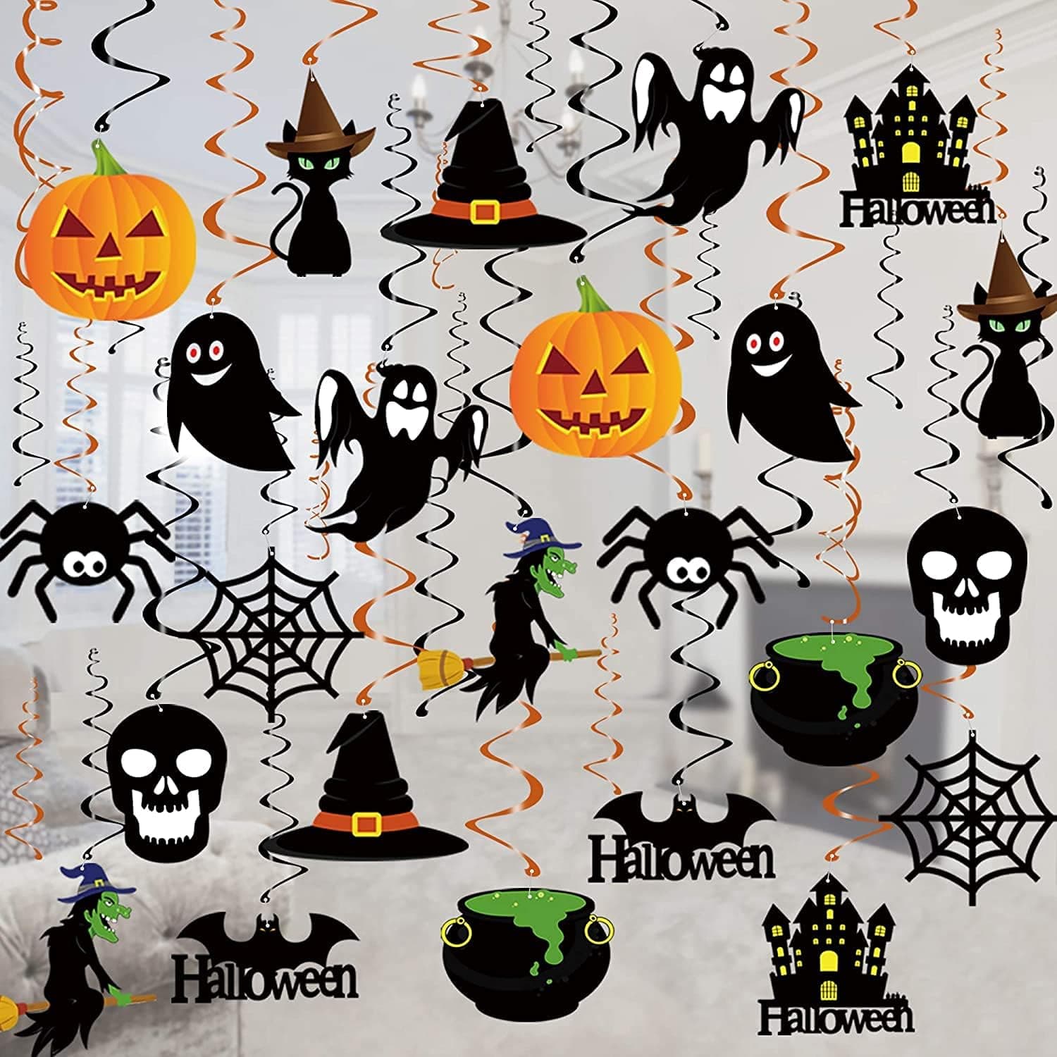 Halloween Hanging Decoration - 36 PCS Halloween Swirl Ceiling Hanging Decoration - Large Size Witches Ghost Pumpkin Ceiling Decorations for Halloween Party