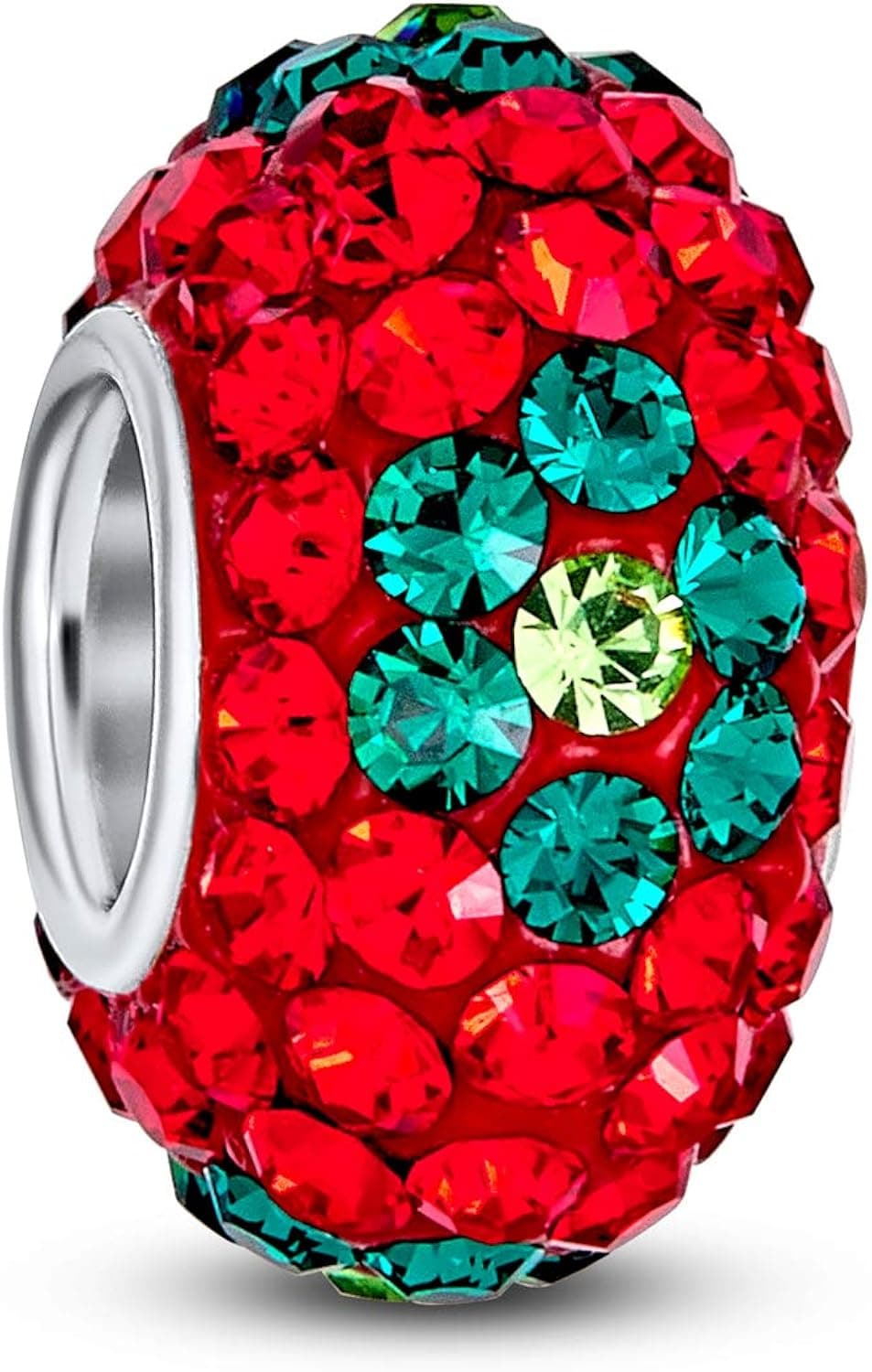 Christmas Holiday Sparkling Red Green Flower Poinsettia Crystal Spacer Bead Charm For Women For Teen .925 Sterling Silver Fits European Bracelet
