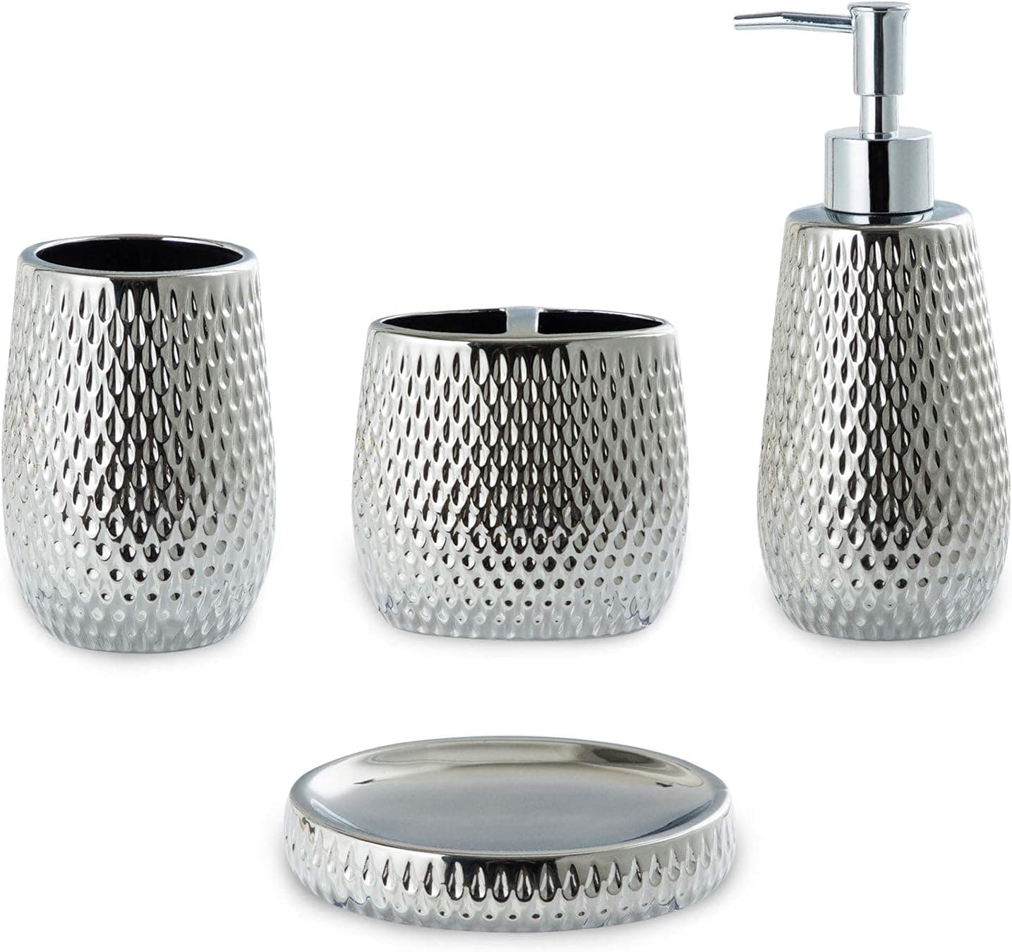Silver Bathroom Accessory Set 4 Piece Ceramic Bath Accessories Sets Complete, Rain- Drop Shaped Bathroom Essential with Toothbrush Holder & Dish, Tumbler,Soap Dispenser Set for Bath Decor