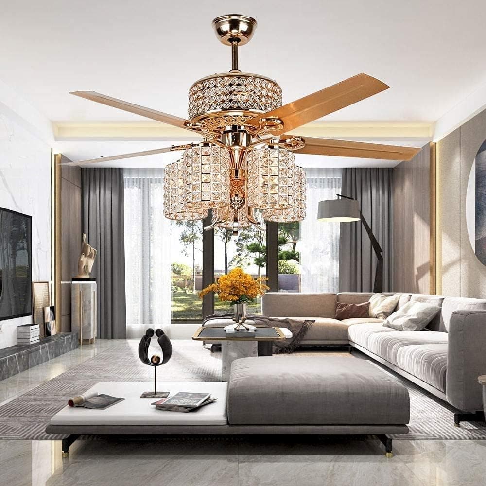 Tropwellhouse 52" Crystal Ceiling Fan Light Fixtures 5 Lights 5 Metal Rose Gold Blade Crystal WhisperWind Motor Led Chandelier Ceiling Fan Decoration Home/Living Room/Bedroom1