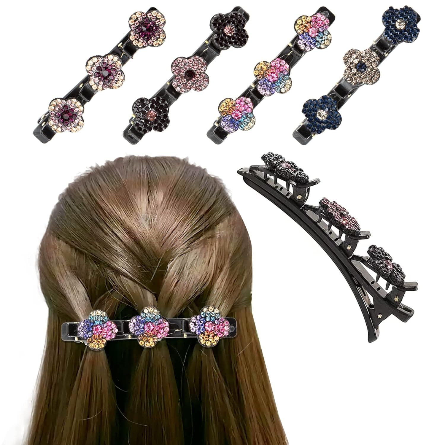 4pcs Sparkling Crystal Stone Braided Hair Clips, 3 Clip Hair Barrette, Braided Hair Clips for Women,Multi Clip Hair Barrette, Braided Hair Clip with Rhinestones for Women/Girls-A