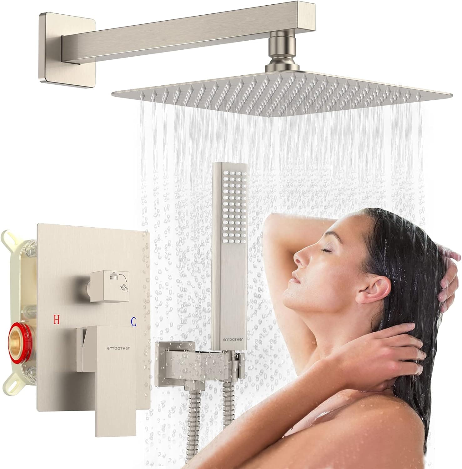 Rain Shower System Sets Faucet: EMBATHER 10 Inch Overhead Rainhead Shower Combo Set With Handheld And Valve-Luxury Modern Mixer Rainfall Brushed Nickel Shower Faucets Sets Complete