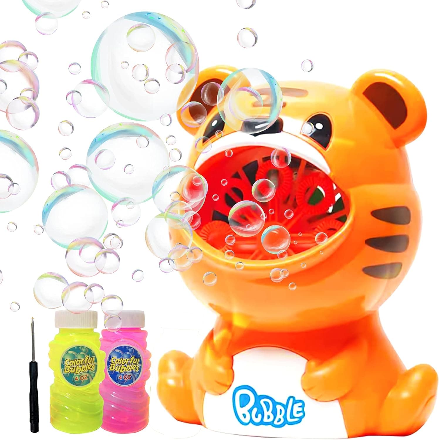 PHONEME Automatic Bubble Machine for Kids, Bubble Blowing Toys for Toddlers Boys Girls Age 3+ , Blows 800+ Bubbles Per Minute, Cute Tiger Bubble Maker with 8oz Bubble Solution for Bath Outdoor Party