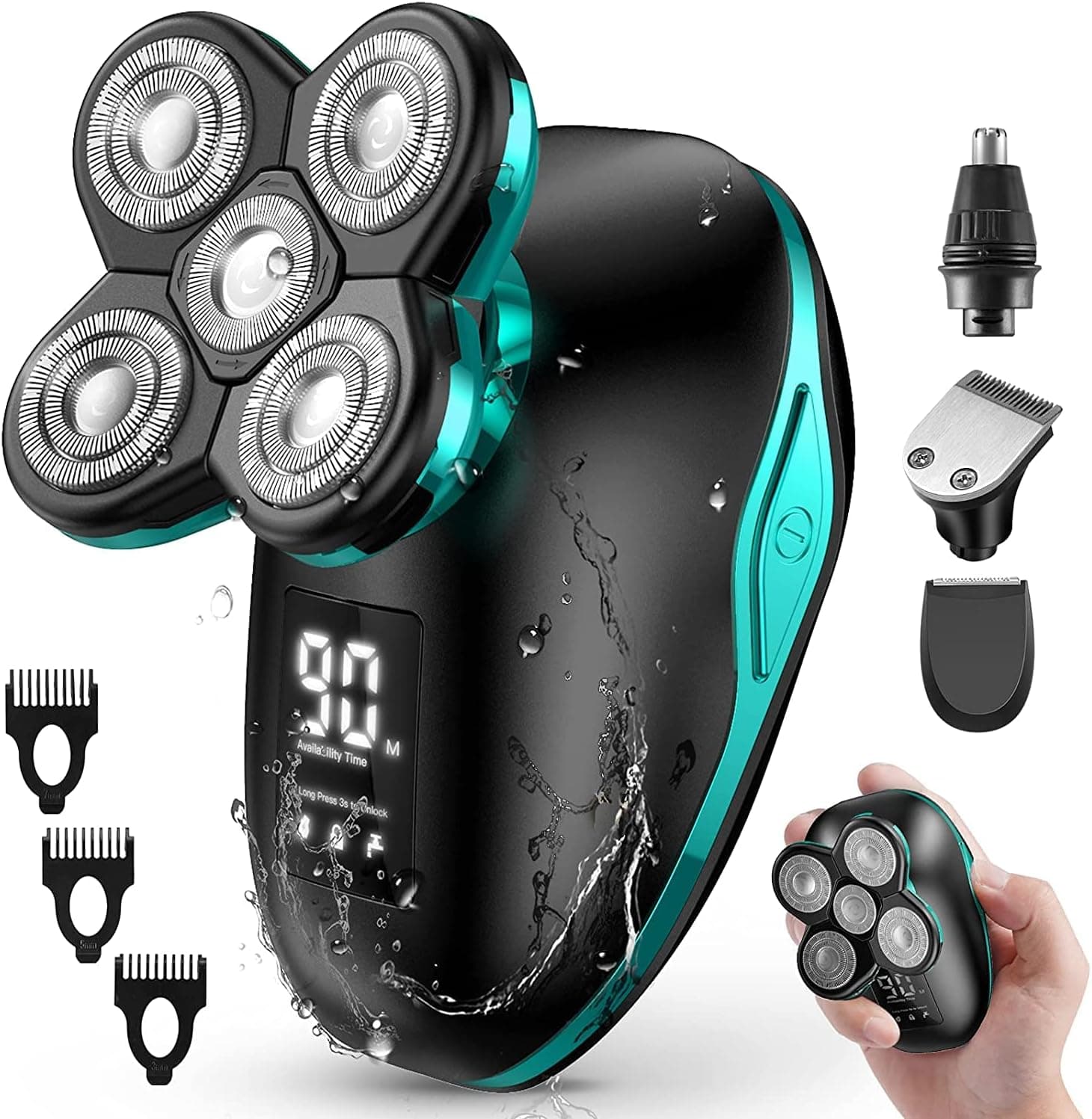Head Shaver, ATEEN Wet/Dry Electric Razor for Men Rechargeable, Mens Cordless Rotary Shavers for a Perfect Bald Looking, Grooming Kit for Men, Anti-Pinch, LED Display-Mens HIMS Gifts (Green)