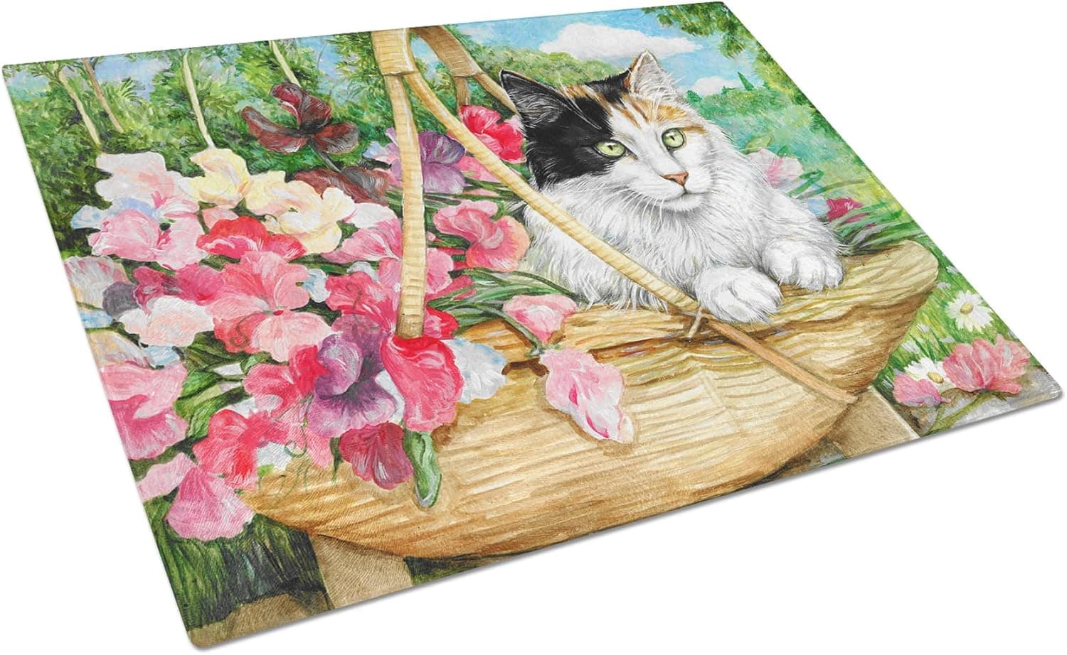 Caroline's Treasures CDCO0178LCB Cat In Basket Glass Cutting Board Large, Decorative Tempered Glass Cutting and Serving Board Large Size Chopping Board,