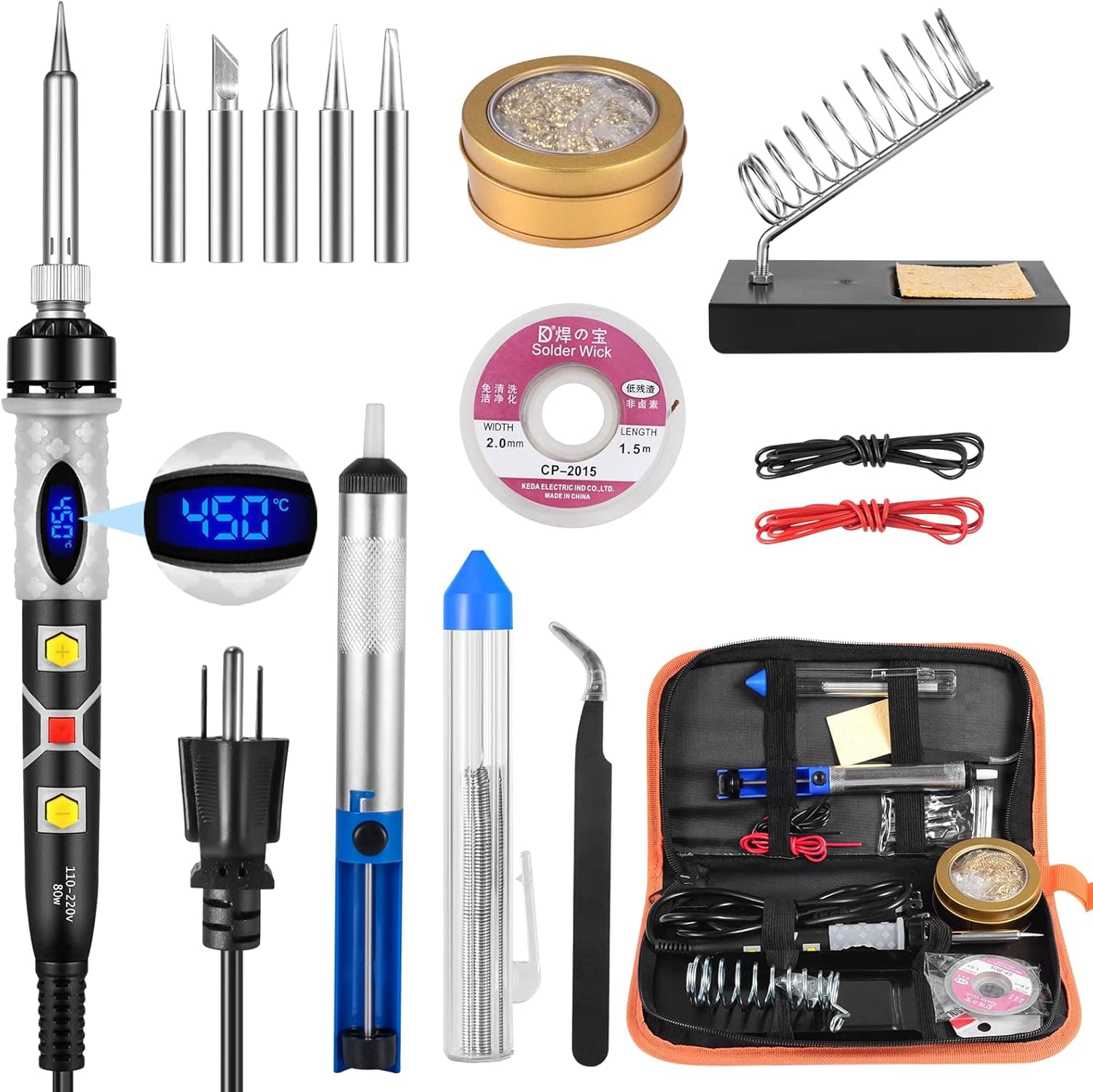 Soldering Iron Kit, Putusen 80W Welding Tools with LCD Screen, Adjustable Temperature, ON/Off Switch, Multiple Accessories, Stand and Carrying Bag for Electronics Maintenance