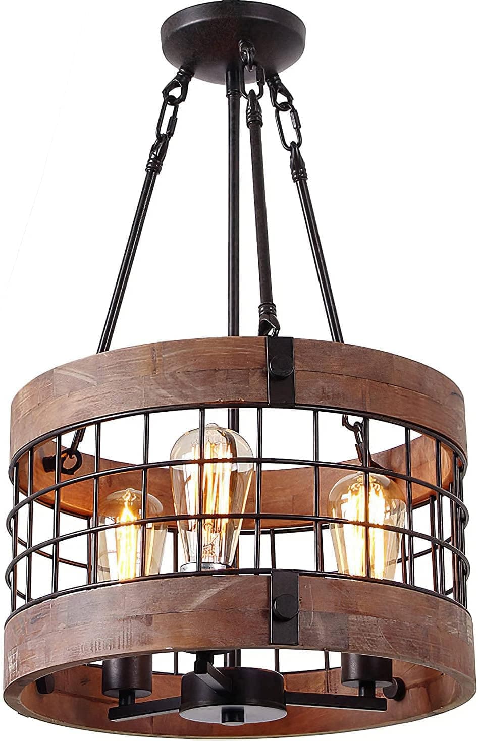 Anmytek Round Wooden Chandelier Metal Pendant Three Lights Decorative Lighting Fixture Retro Rustic Antique Ceiling Lamp (Three Lights)