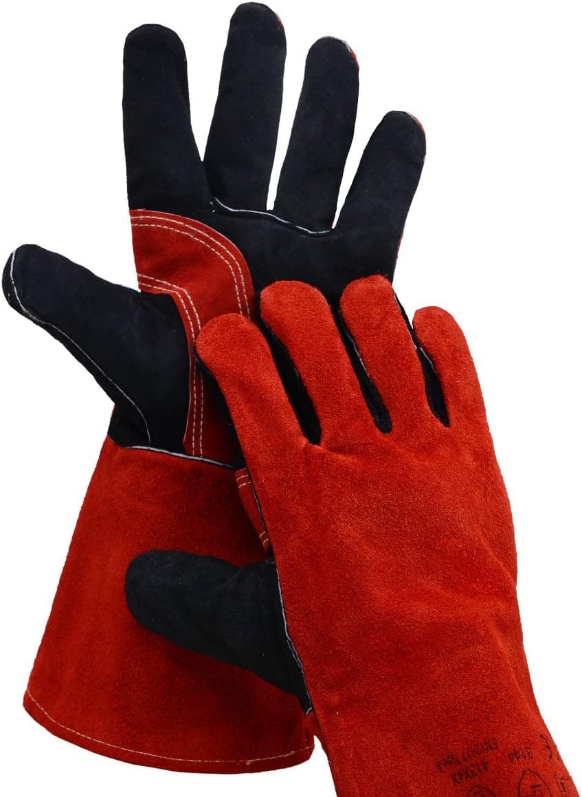 Leather Welding Gloves BOWOO Stitching Heat Resistant Glove for Tig/Mig/Stick/Gardening 14IN,1 pair (Red-Black)