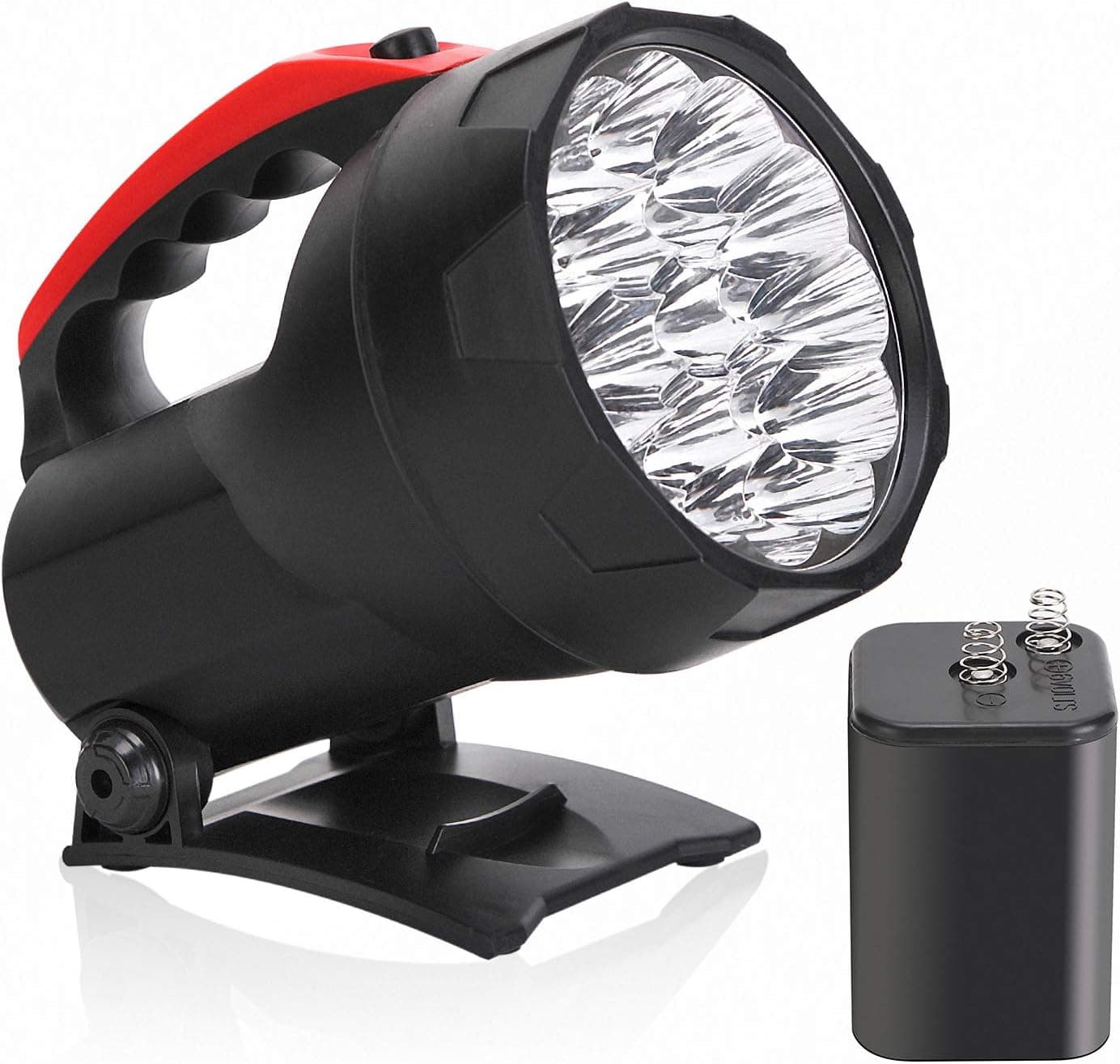 High Powered Hand-Held LED Flashlight 6V Battery Included, Super Bright Searchlight 600 Lumens Outdoor Work Light with Foldable Bracket, Heavy Duty Waterproof for Camping Boat