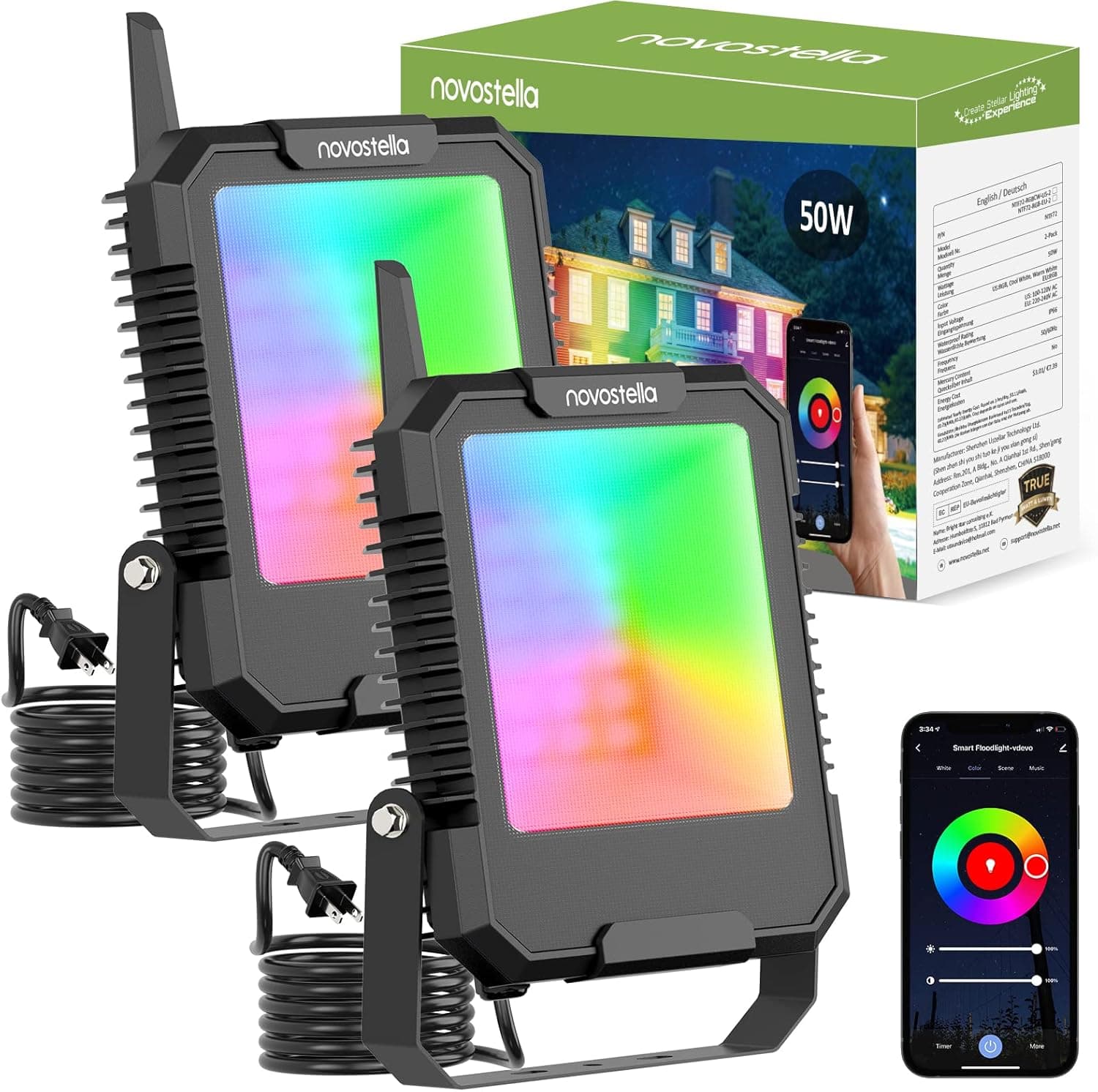 NOVOSTELLA Smart Flood Lights 50W 2Pcs RGB+CW 2700K-6500K, Outdoor Floodlights, Christmas Color Changing Spotlights, Colored Landscape Flood Light IP66 Waterproof Stage Uplighting for Party Christmas