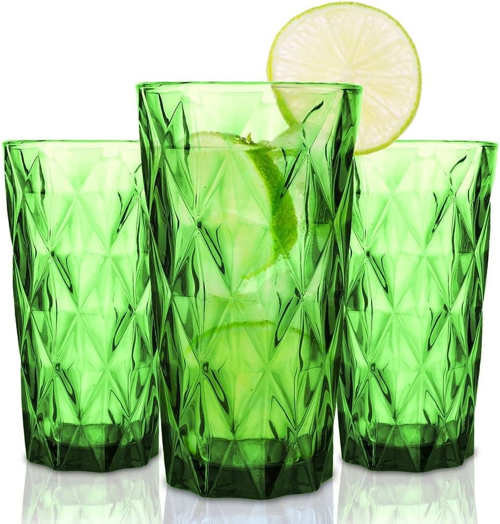 Chef's Star 13 Oz Water Glasses, Vintage Glassware, Highball Drinking Glasses, Textured Glass Cups, Colored Kitchen Glassware, Elegant Retro Drinking Glasses, for Kitchen or Home Bar Set of 3