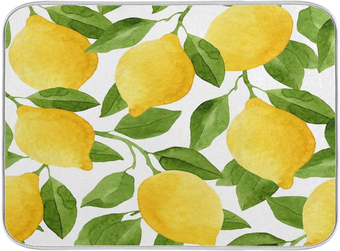 Lemon Yellow Tree Dish Drying Mat for Kitchen, Absorbent Microfiber Drying Pad Dish Mat, 16" X 18"