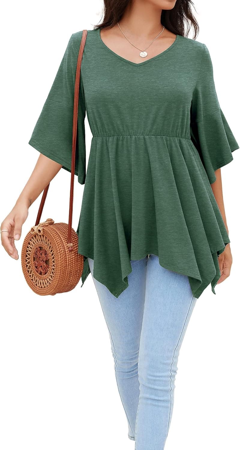 Poplab Women’s Casual Flare Tunic Tops Summer Loose Fit 3/4 Bell Sleeve V-Neck Ruffled Hem Elastic Waistline Babydoll Tops