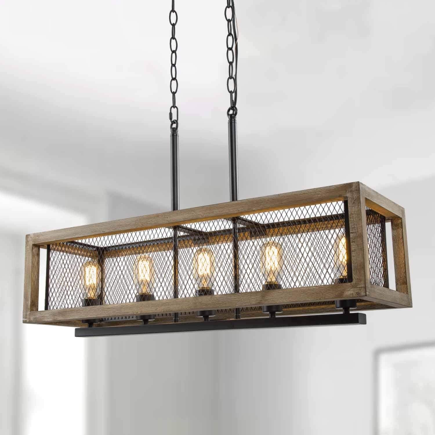 Farmhouse Island Lighting, Large Dining Room Chandelier Over Table, 5-Light Wood Pendant Light in Distressed Finish and Black Metal