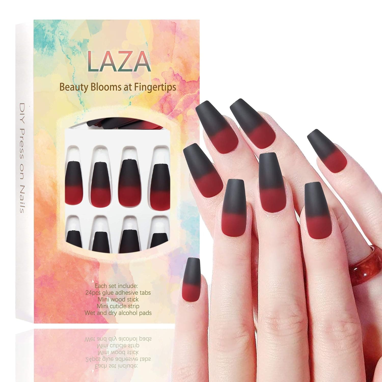Laza 24pcs Colorful Fake Nails Long Ballet Ballerina Coffin Full Cover Gradient Color Long Matte Acrylic Nail Kits Sets with Glue Tabs Nail File Wood Stick for Daily Use - Black Red Gradual