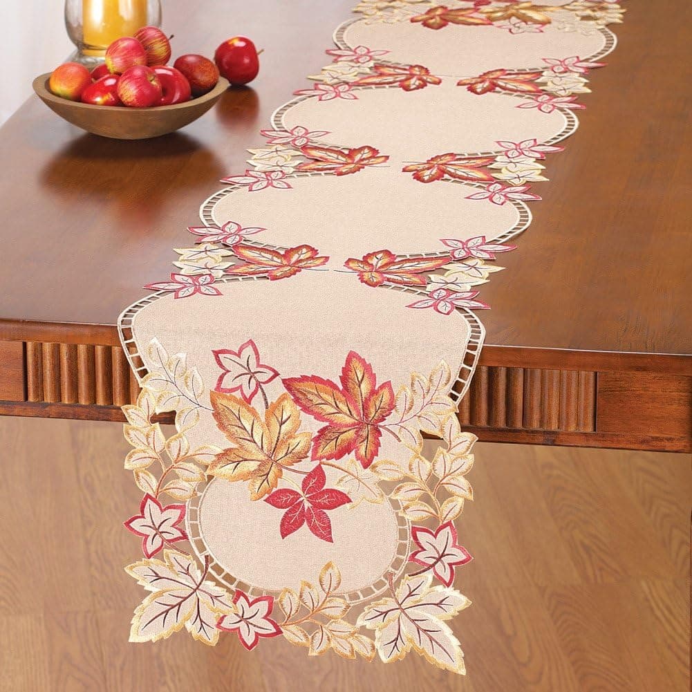 Collections Etc Embroidered Fall Leaves Table Linens, Tan, Runner